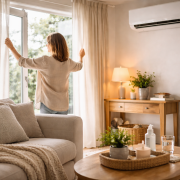 Intérieur lumineux avec climatisation murale, personne aérant légèrement une pièce, ambiance saine et propre, focus sur confort respiratoire et filtration